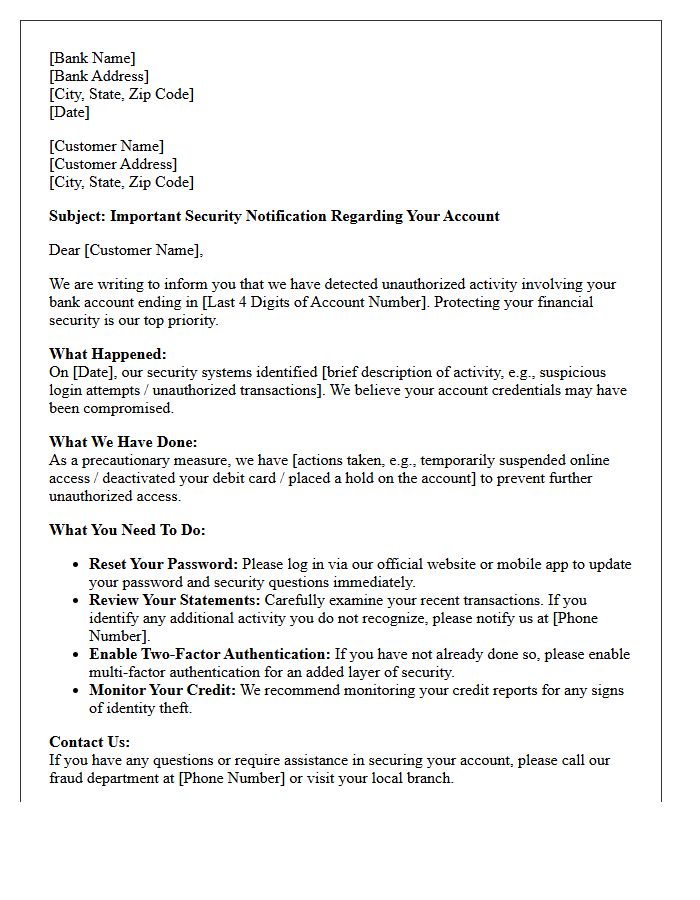 Compromised Bank Account Customer Notification Letter