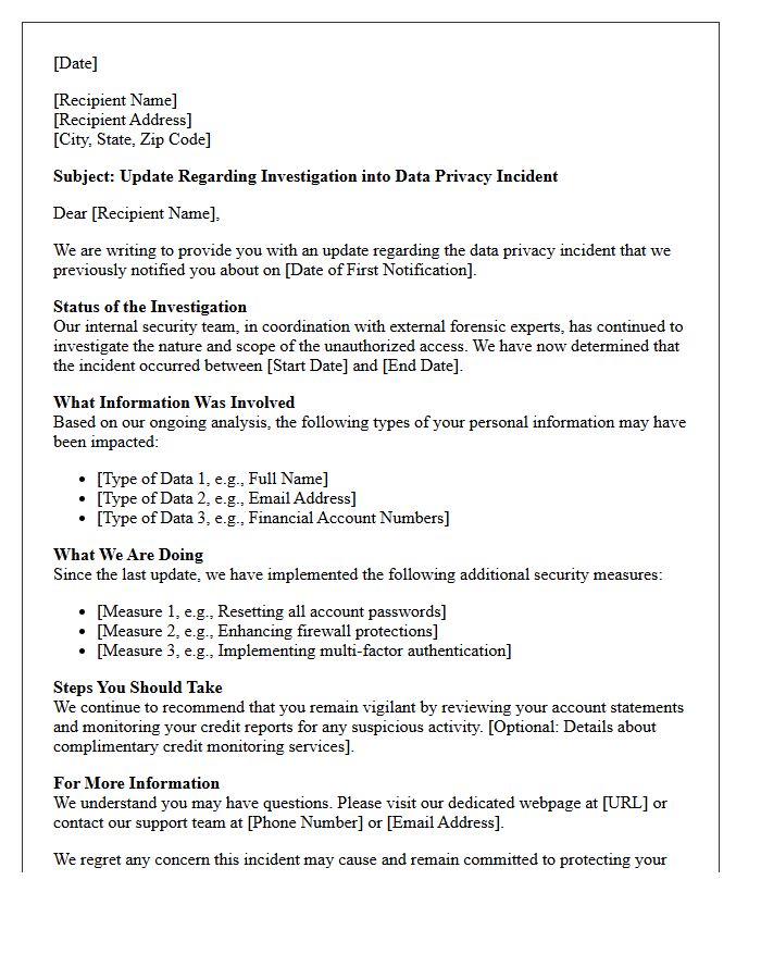 Data Privacy Breach Investigation Update Letter