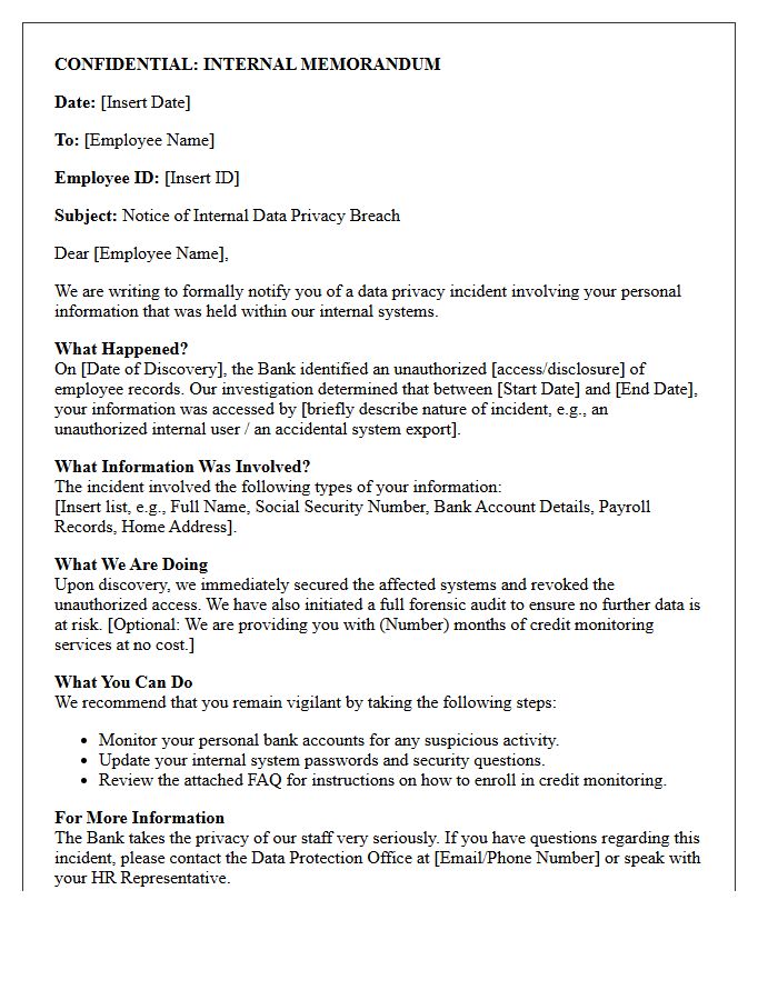 Internal Bank Staff Privacy Breach Alert Letter