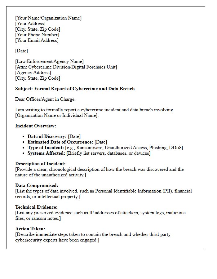Law Enforcement Cybercrime Breach Report Letter