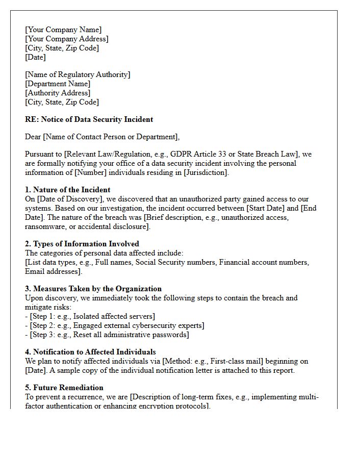 Regulatory Authority Data Breach Notification Letter