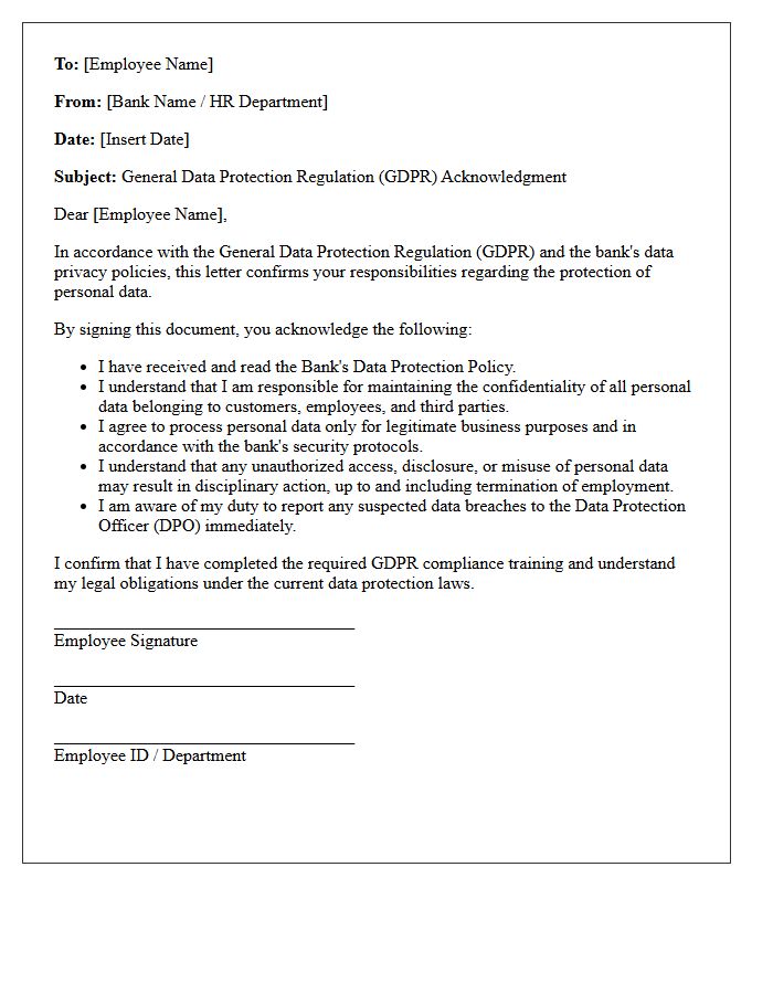 Banking Employee General Data Protection Regulation Acknowledgment Letter