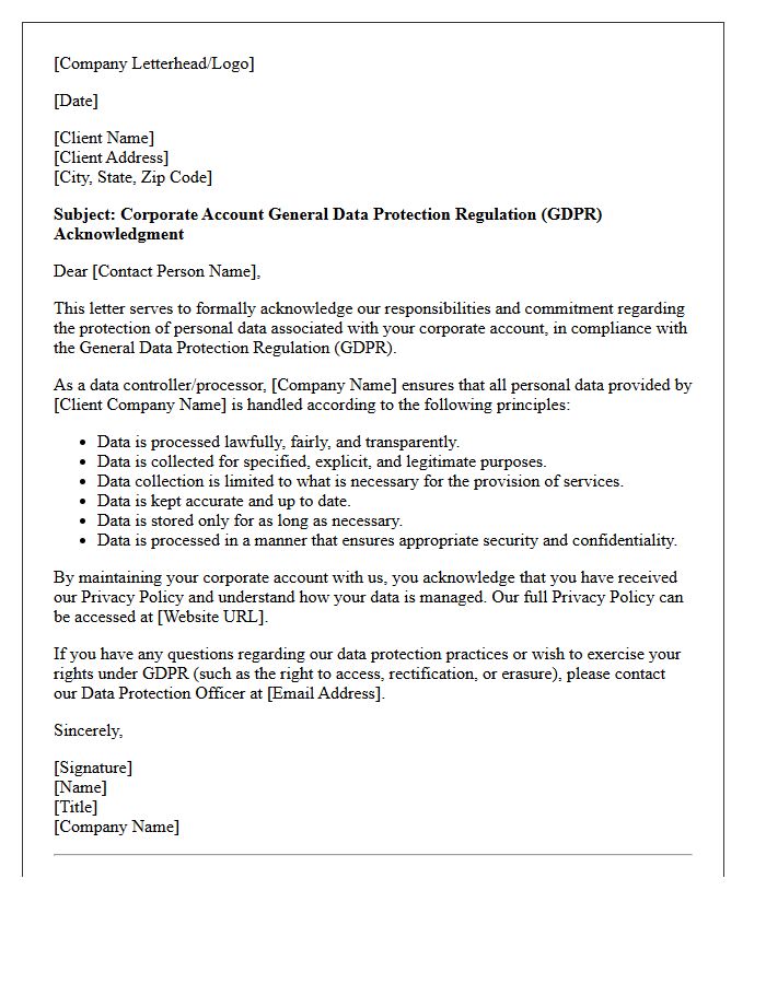 Corporate Account General Data Protection Regulation Acknowledgment Letter