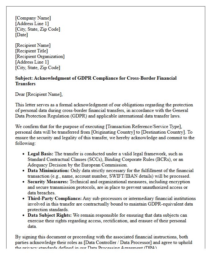 Cross-Border Financial Transfer GDPR Compliance Acknowledgment Letter