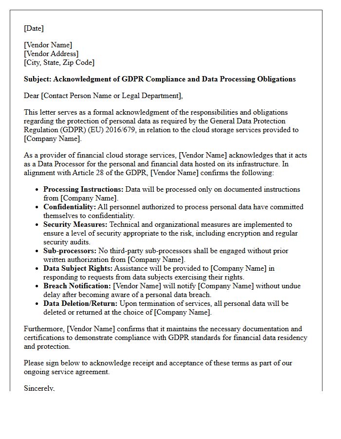 Financial Cloud Storage Vendor GDPR Acknowledgment Letter