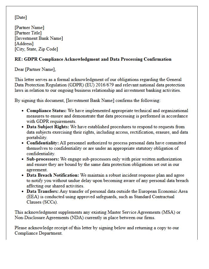 Investment Banking Partner GDPR Compliance Acknowledgment Letter