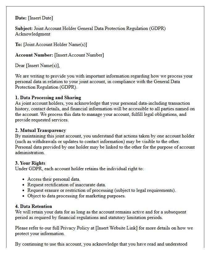 Joint Account Holder General Data Protection Regulation Acknowledgment Letter