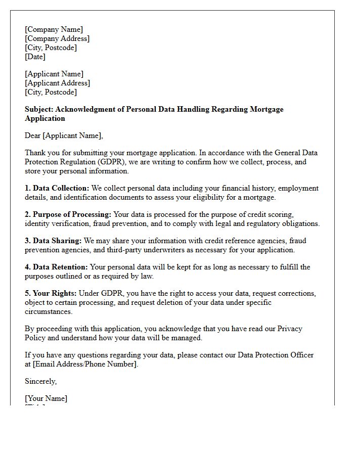 Mortgage Applicant GDPR Data Handling Acknowledgment Letter