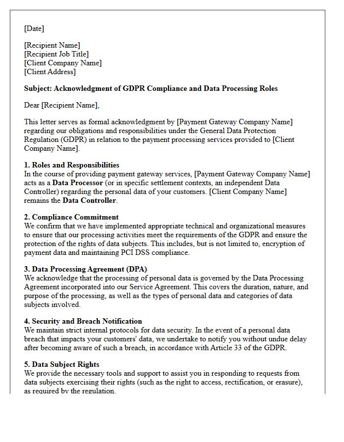 Payment Gateway Service Provider GDPR Acknowledgment Letter