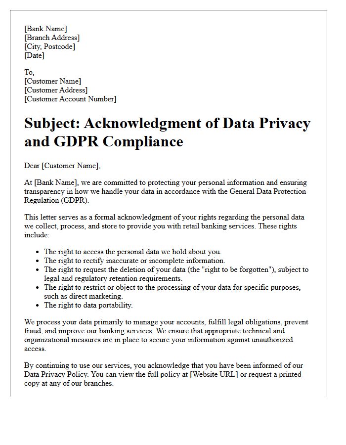 Retail Banking Customer GDPR Compliance Acknowledgment Letter