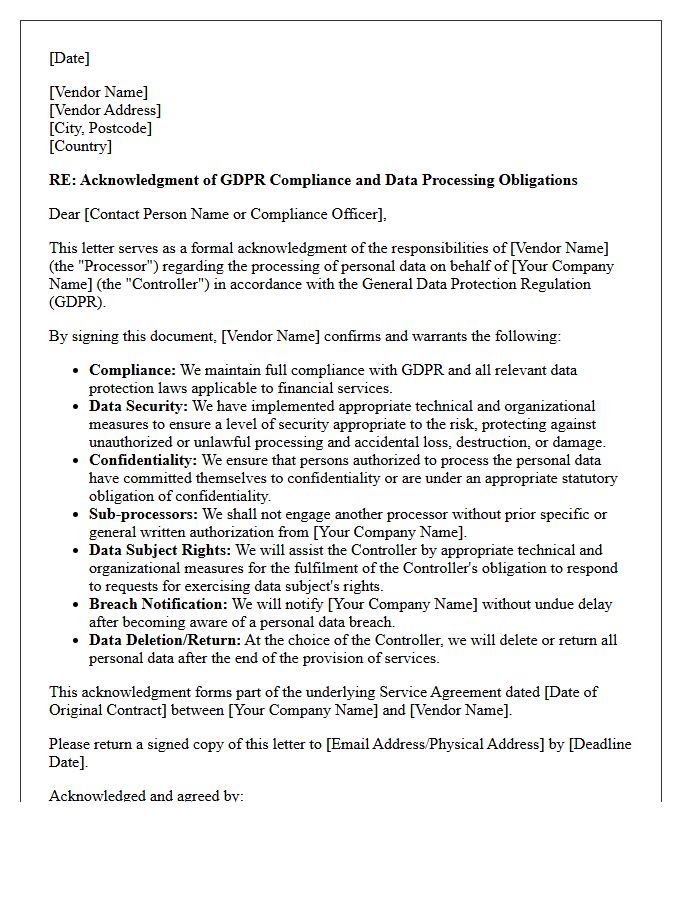 Third-Party Financial Vendor GDPR Compliance Acknowledgment Letter