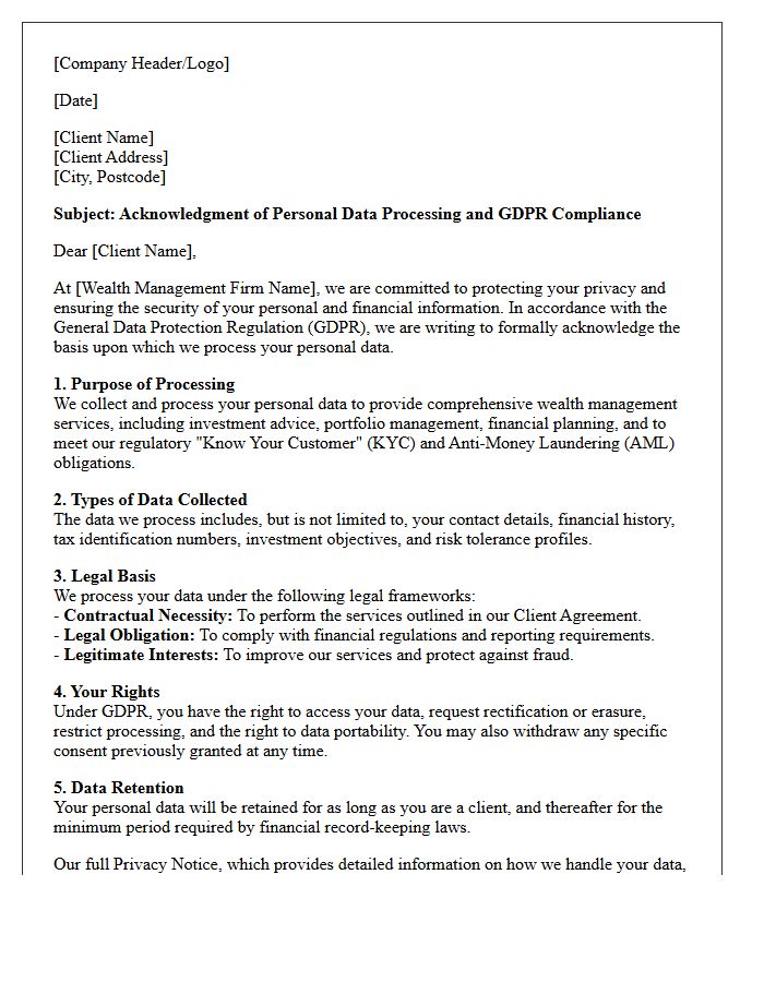 Wealth Management Client GDPR Processing Acknowledgment Letter