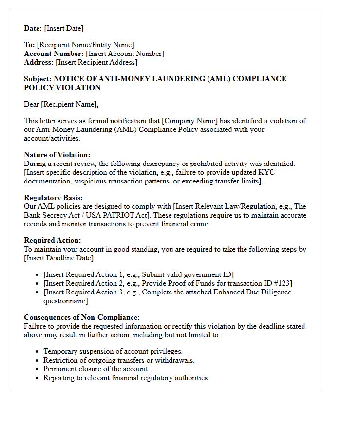 Anti-Money Laundering Compliance Policy Violation Notice Letter