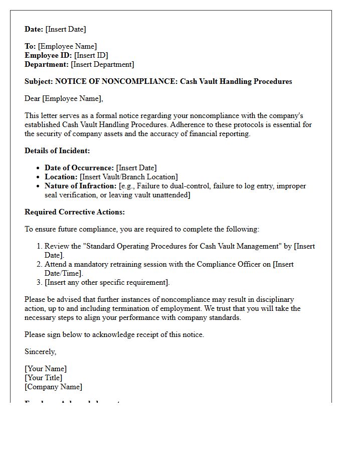 Cash Vault Handling Procedure Noncompliance Notice Letter
