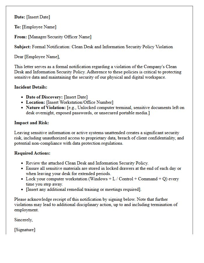 Clean Desk and Information Security Policy Violation Letter