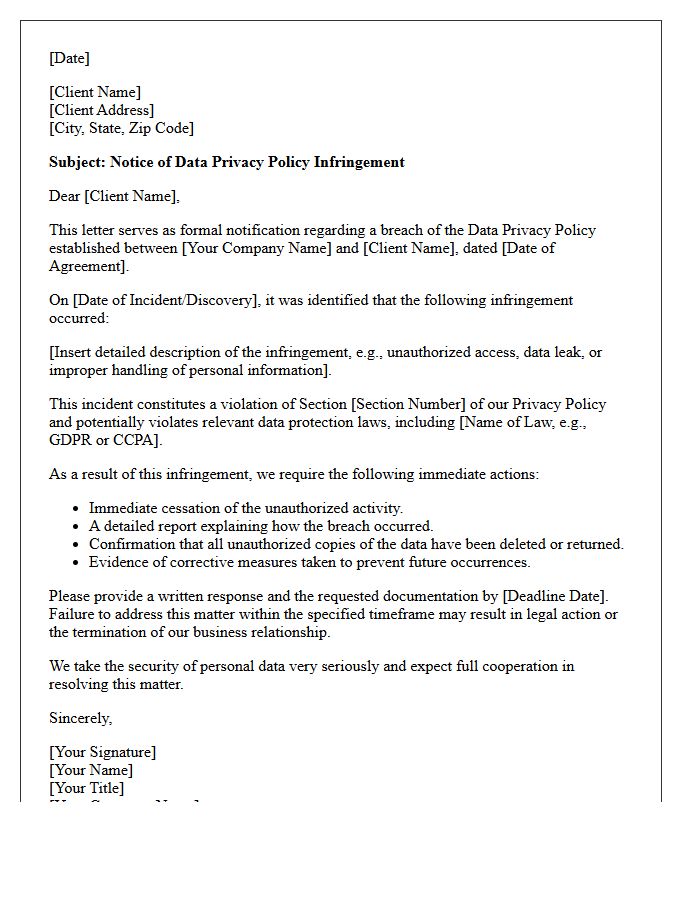 Client Data Privacy Policy Infringement Notice Letter