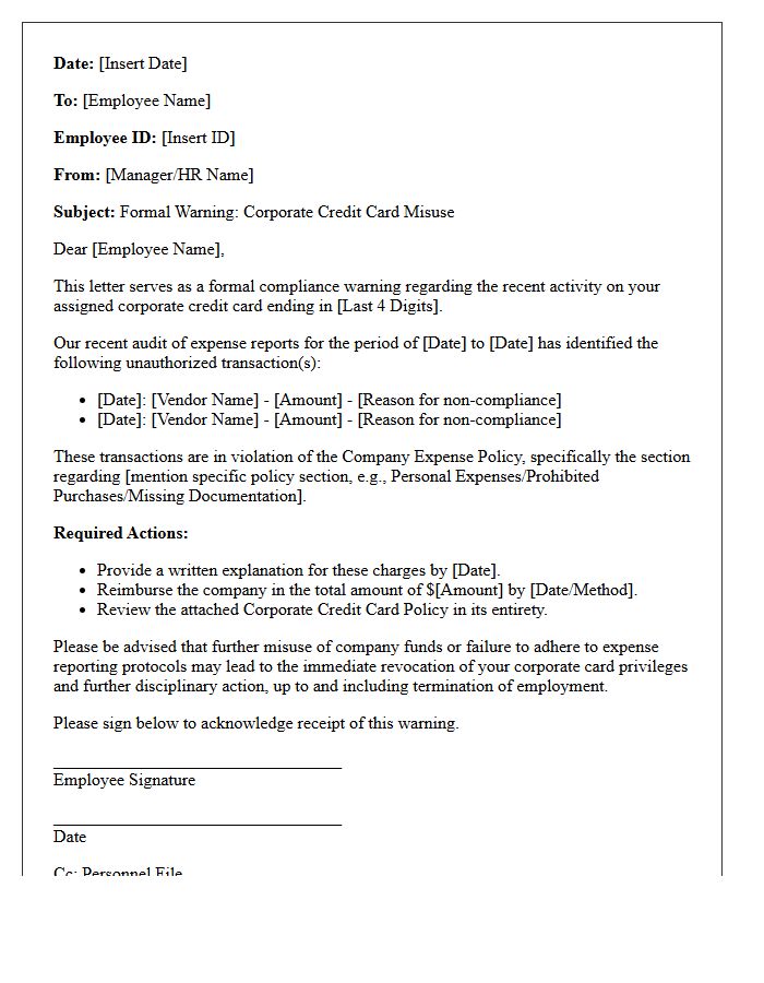 Corporate Credit Card Misuse Compliance Warning Letter