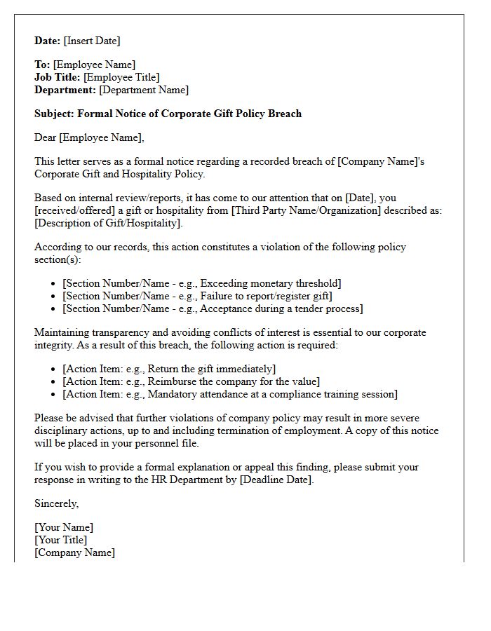 Corporate Gift Policy Breach Formal Notice Letter