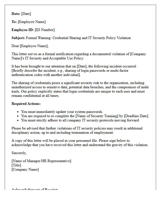 Credential Sharing and IT Security Policy Violation Letter
