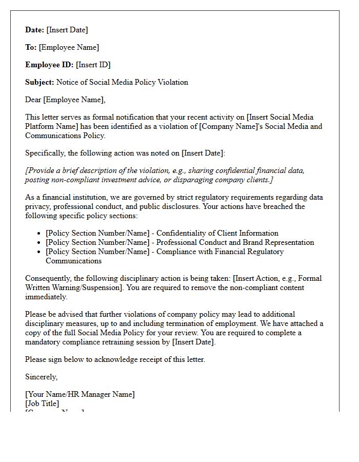 Financial Institution Social Media Policy Violation Letter