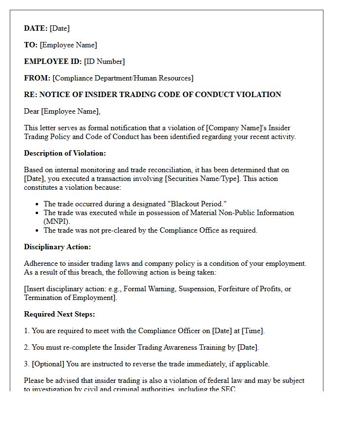 Insider Trading Code of Conduct Violation Letter