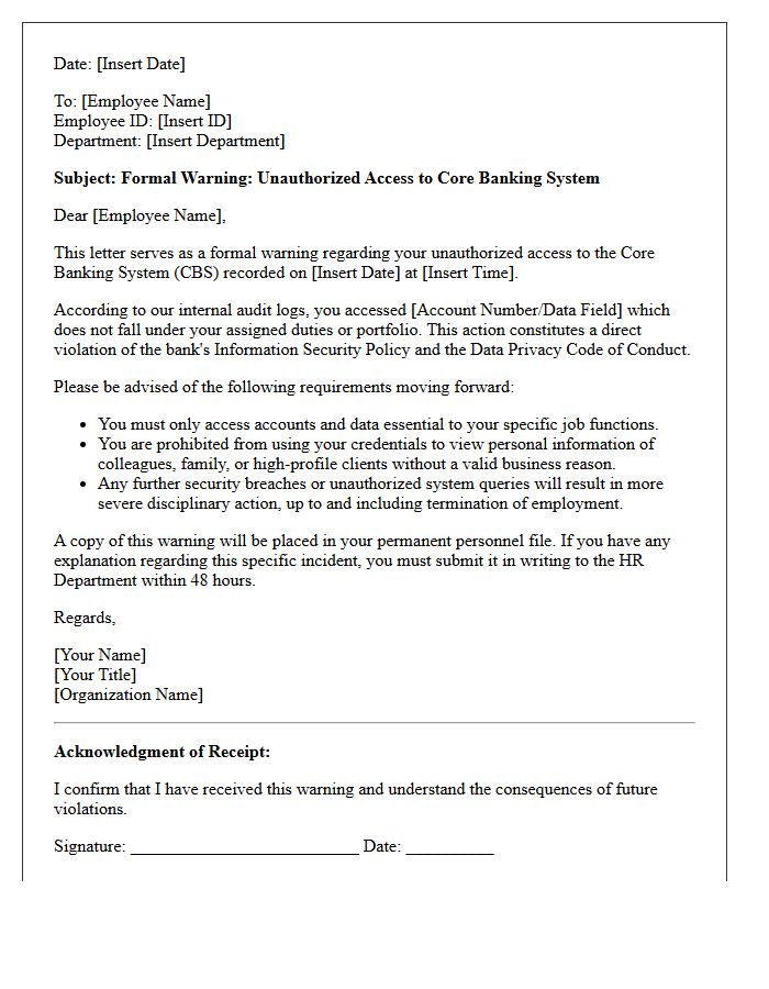 Unauthorized Core Banking System Access Warning Letter
