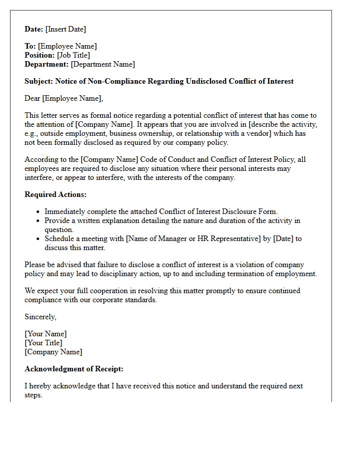 Undisclosed Conflict of Interest Compliance Notice Letter