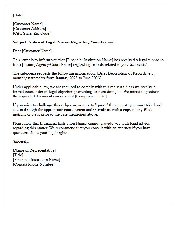 Customer Notification of Financial Subpoena Letter