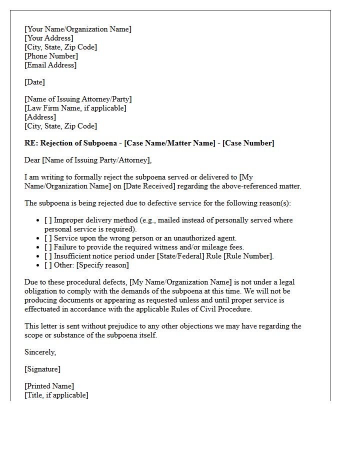 Defective Service Subpoena Rejection Letter