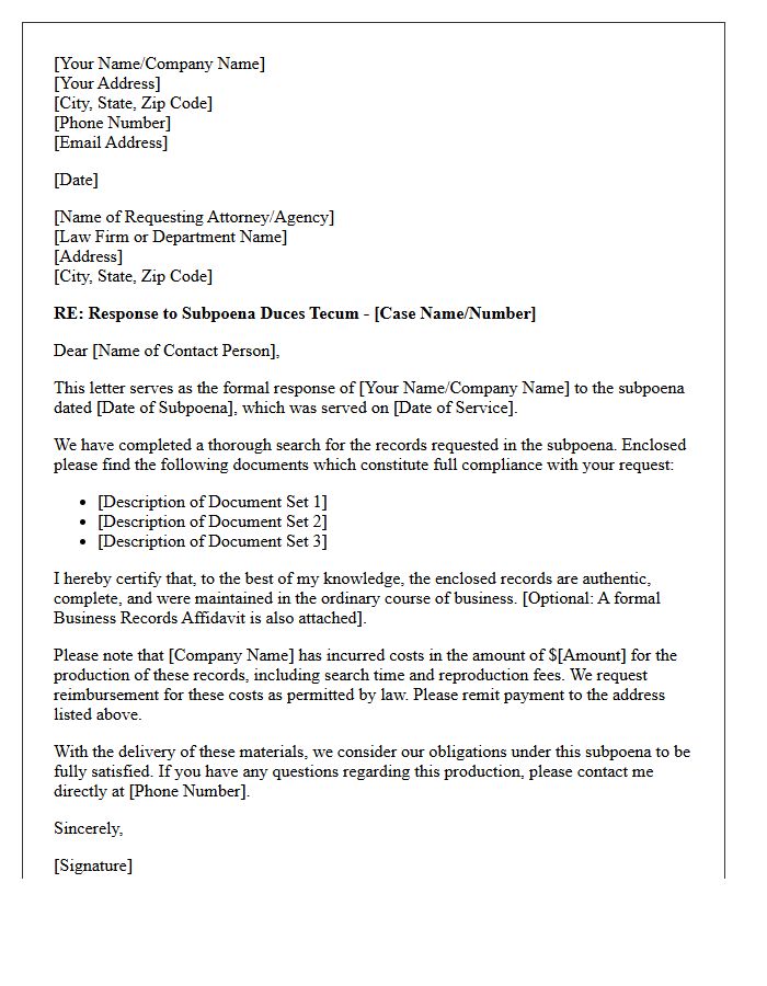 Full Compliance Subpoena Response Letter