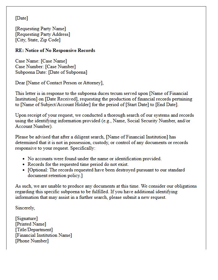 No Responsive Financial Records Subpoena Letter