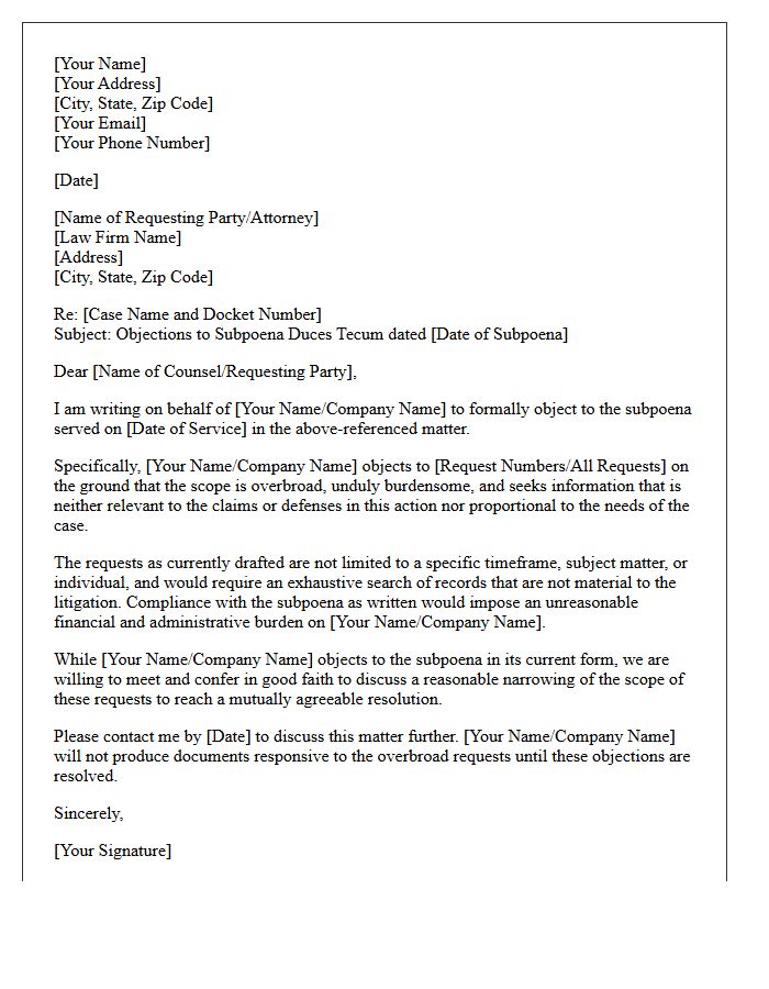 Overbroad Scope Objection Subpoena Letter