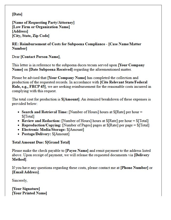 Production Cost Reimbursement Subpoena Letter