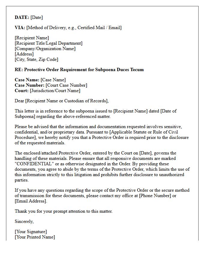 Protective Order Requirement Subpoena Letter