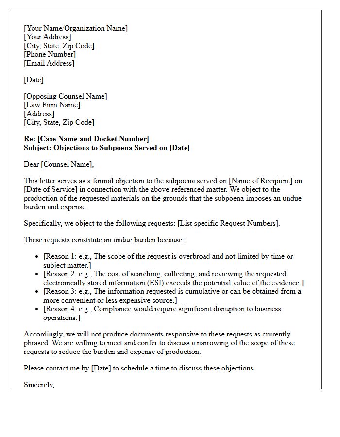 Undue Burden Objection Subpoena Letter
