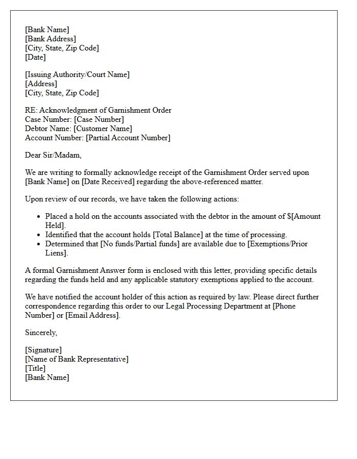 Bank Garnishment Order Acknowledgment Letter