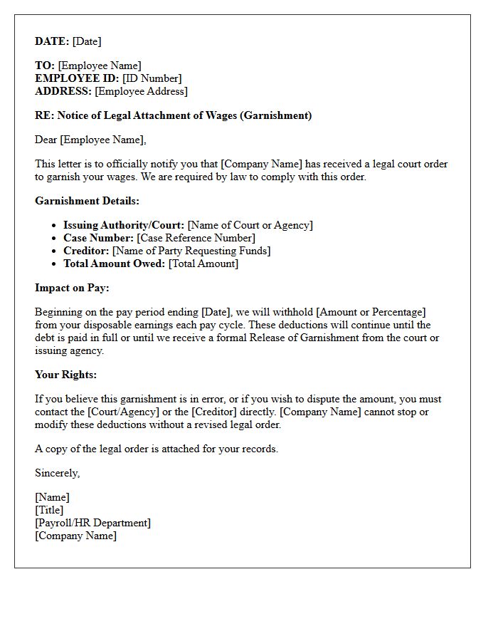 Court Order Garnishment Notification Letter