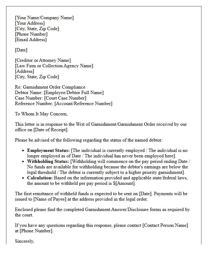 Creditor Garnishment Compliance Response Letter