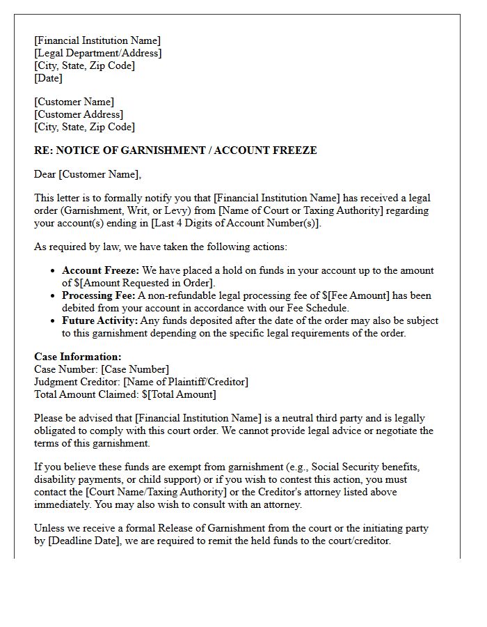 Customer Account Garnishment Compliance Letter