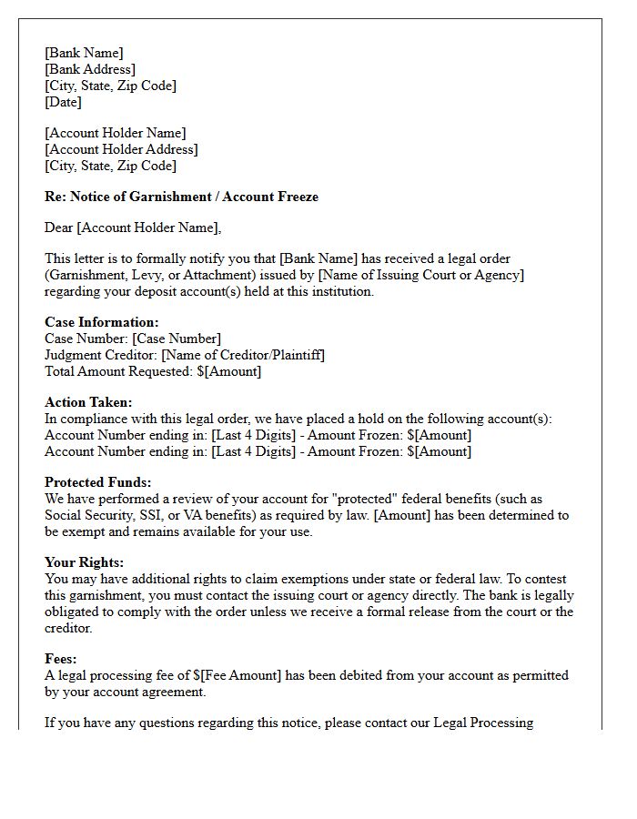 Deposit Account Garnishment Compliance Letter