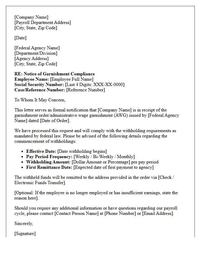 Federal Agency Garnishment Compliance Letter