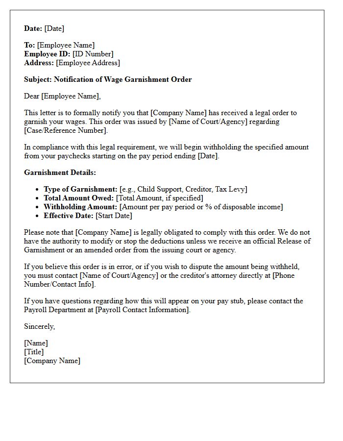 Garnishment Order Compliance Notification Letter
