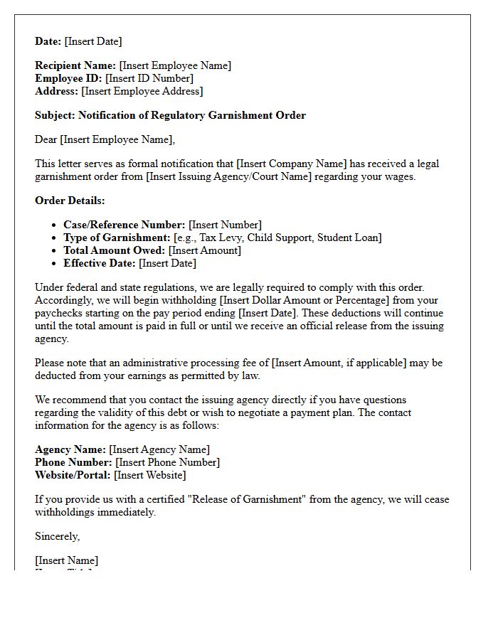 Regulatory Garnishment Order Notification Letter