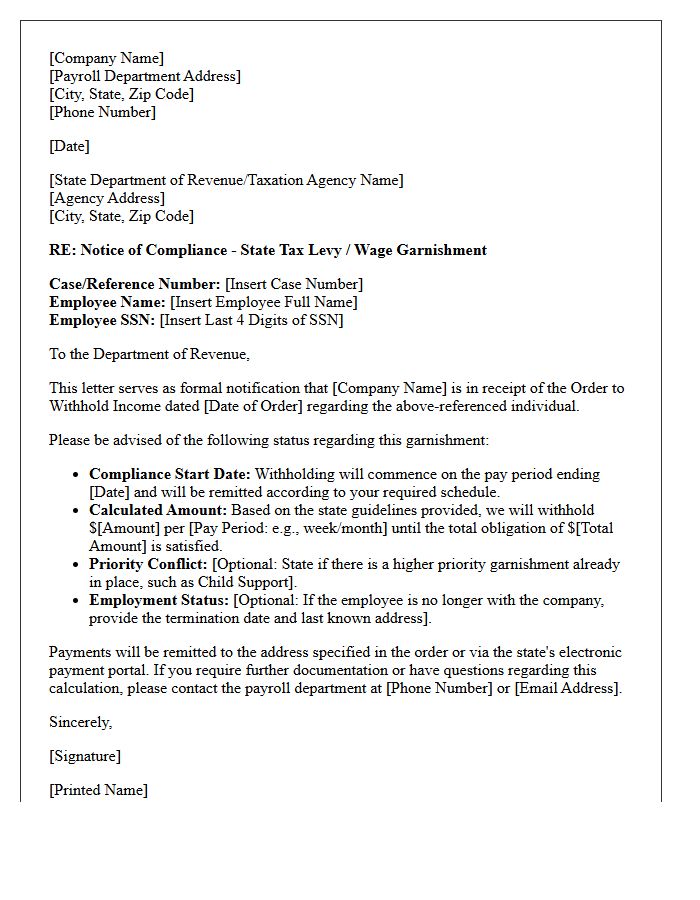 State Tax Garnishment Compliance Letter