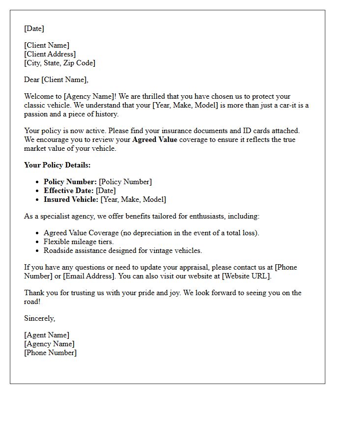 Classic Car Insurance Agency Client Welcome Letter