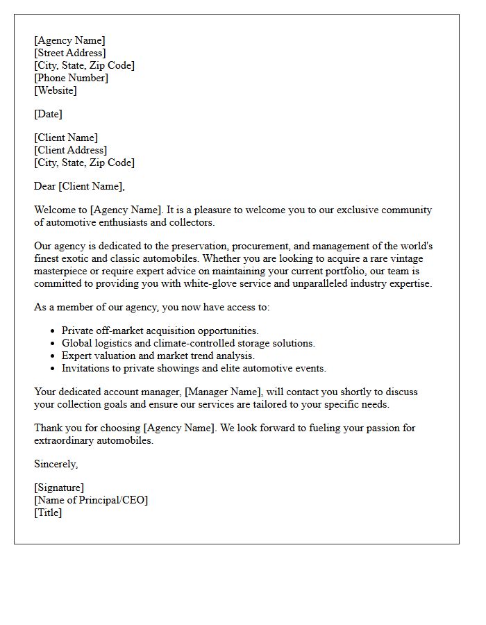 Exotic and Classic Car Collector Agency Welcome Letter