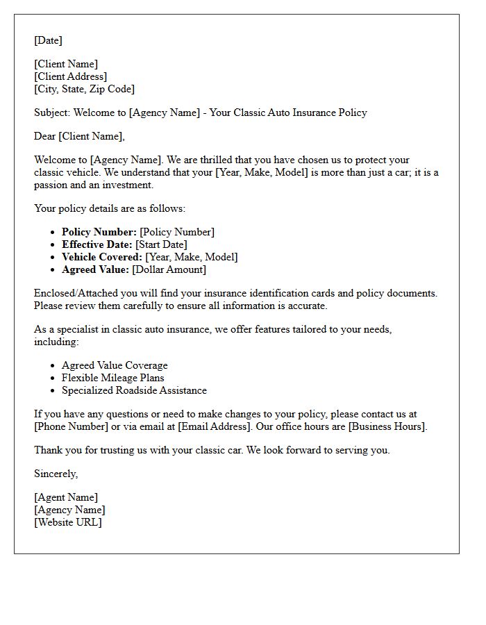 New Client Welcome Letter for Classic Auto Insurance