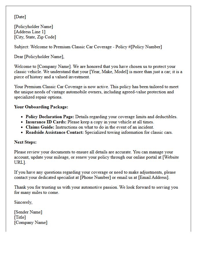 Premium Classic Car Coverage Onboarding Welcome Letter