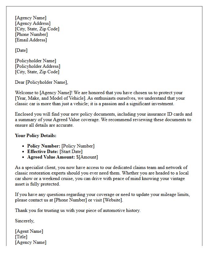 Specialty Classic Car Insurance Agency Welcome Letter