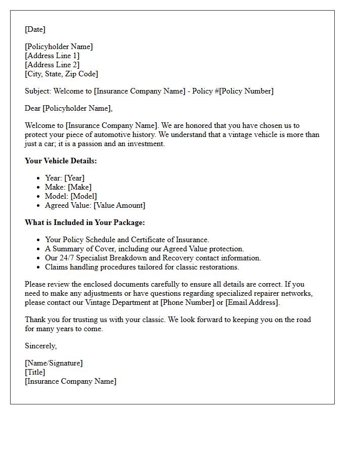 Vintage Car Insurance Policyholder Welcome Letter